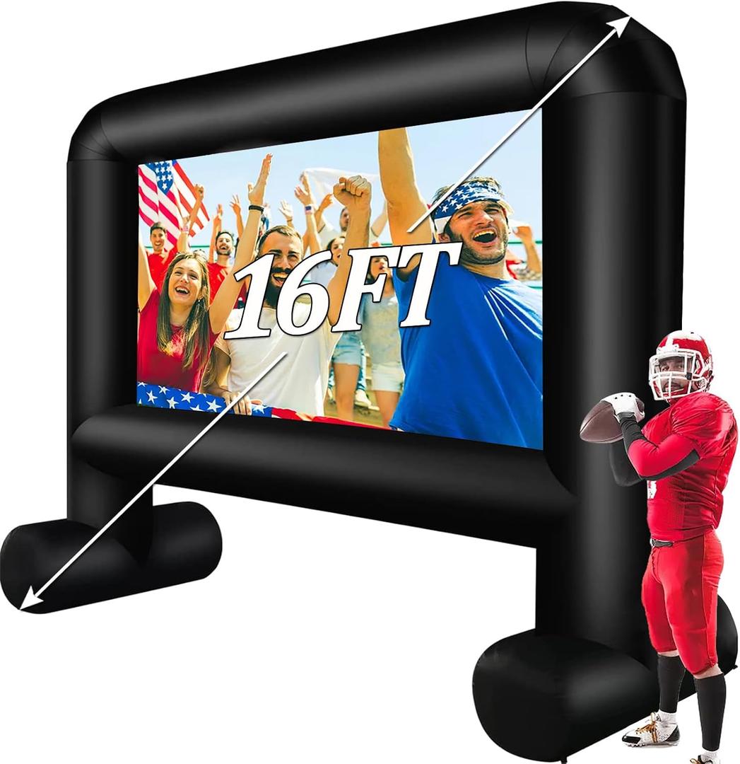 16FT Inflatable Movie Screen Outdoor, Blow up Projector Screen Support Front & Rear Projection for Backyard Outdoor Movie Night Barbecue Pool Party with Blower and Carry Bag