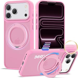 XIQI Compatible with iPhone 17 Pro Max Case 6.9'' with Magnetic 360 Rotatable Ring Stand & AI Camera Control Button[Compatible with Mag-Safe] Translucent Matte Phone Cover for Men Wowen,Pink