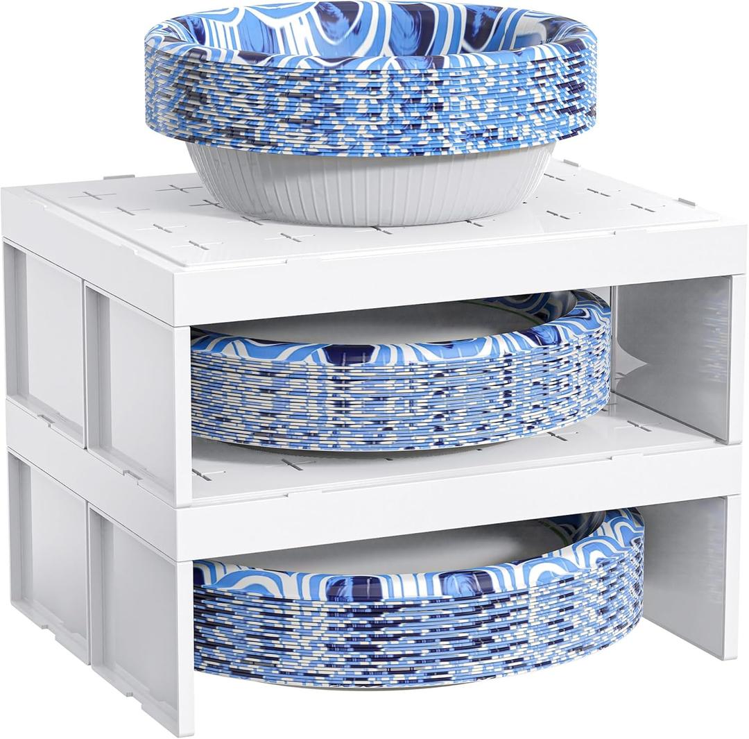 Paper Plate Dispenser and Paper Bowl Dispenser, Space-Saving Plastic, Foam, Disposable Plate and Bowl Organizer, Set of 2 Stackable Kitchen Organizer for Cabinet, Countertop, Shelf (White)