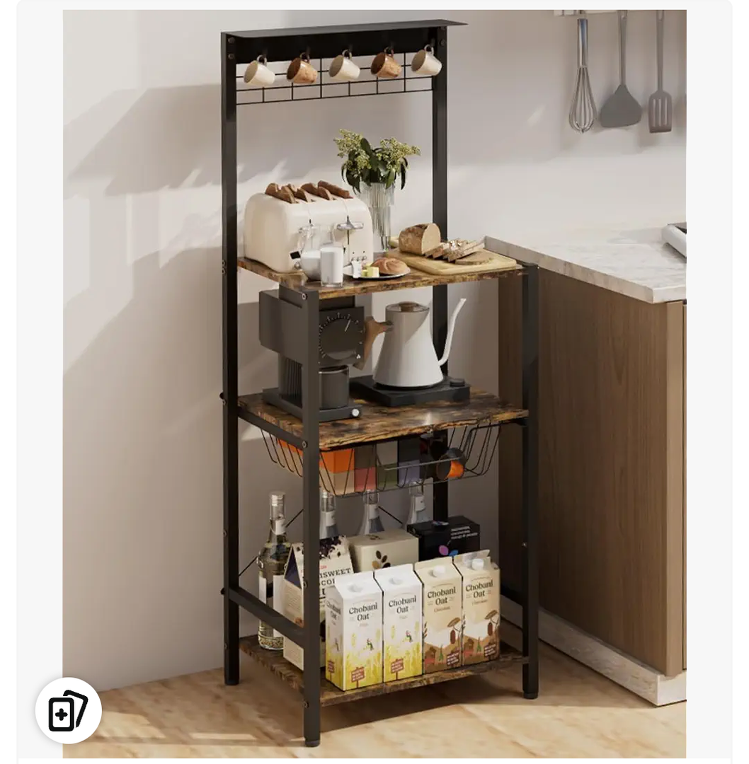 4 Tier Coffee Bar Station, Corner Bakers Rack with 5 Hooks & Wire Basket, Coffee Maker Stand for Small Space, Kitchen Storage Shelf for Entryway, Living Room, Café, Black, 16.5"x13"x47.8