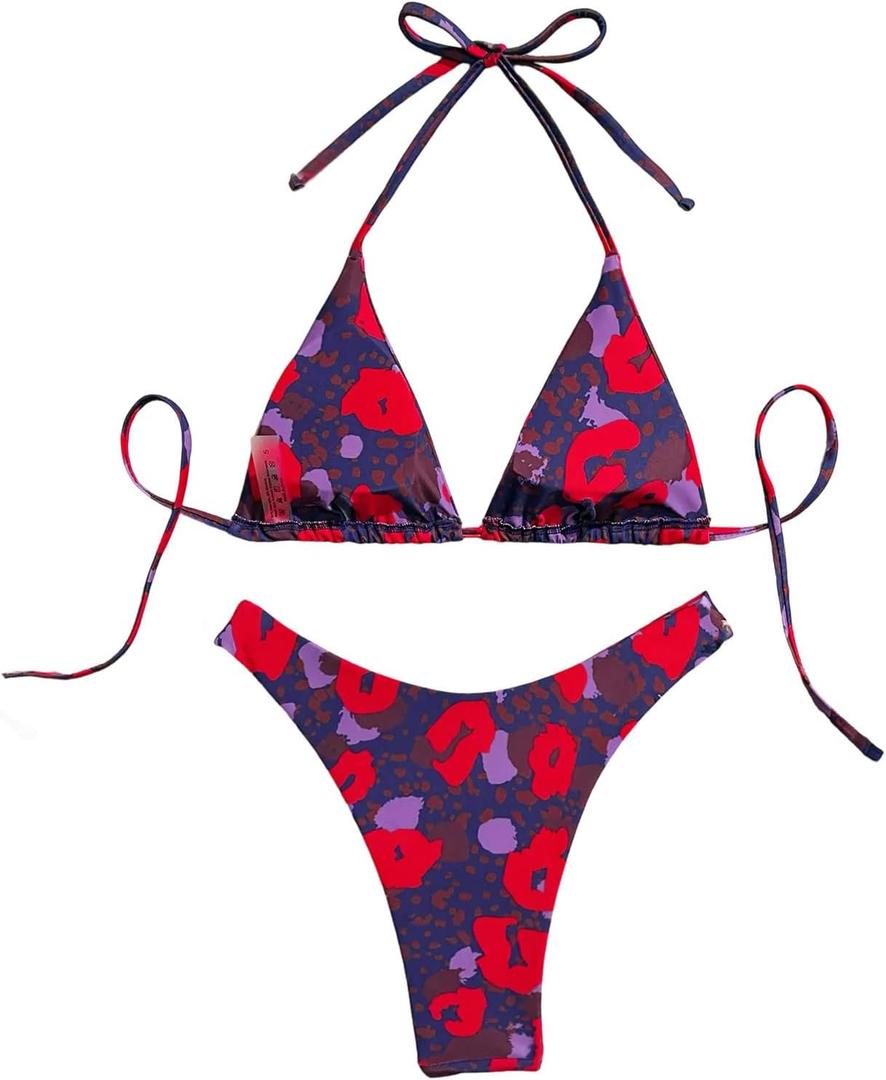 SHENHE Women's 2 Piece Camo Swimsuit Halter Triangle Micro Bikini Set Sexy High Cut Swimsuits M