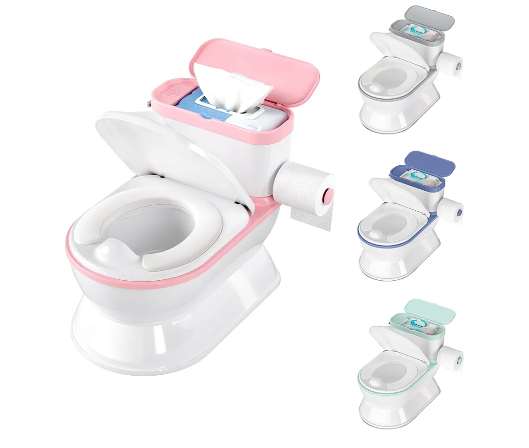 2-in-1 Toddler Potty Training Toilet - Larger Potty Chair & Detachable Training Seat for Boys & Girls Ages 1-3 with Flushing Sound, Wipes Storage, Toilet Paper Holder - Pink