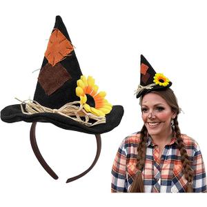 Nicky Bigs Novelties Mini Scarecrow Hat For Women Black Faux Burlap Scarecrows Hat On Headband with Daisy Flower Halloween Costume Accessory for Adults