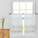 KFL027 Sheer Embroidery Pastoral Style cafecurtain White Sheer Tiers for Windows 2 Panels (Wild Flower, W30 XL36 X2 Tiers)