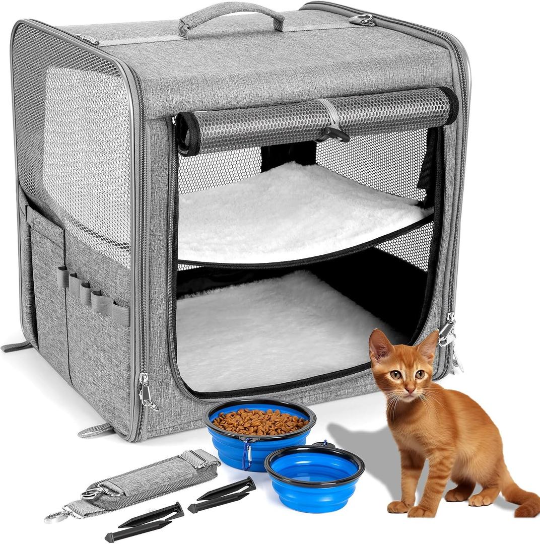 Cat Carrier for 2 Cats, Pet Travel Carrier for Cats and Small Dogs Up to 45 Lbs, Bowls, and Locking Zippers