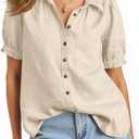 Womens Puff Short Sleeve Button Down Shirts Summer Casual Collared V Neck Blouse Linen Loose Fit Work Tops Size XL