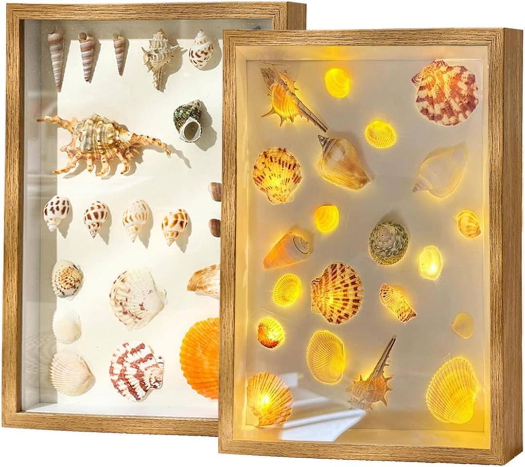 Shadow Box Frame Seashell Display Box 12x9 with Fairy Light and Pearl Shadow Box Display Case Box 1 Pack (Burlywood), BKP09