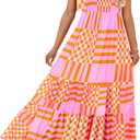Women's Summer Maxi Dress Boho Spaghetti Straps Casual Long A-line Smocked Beach Dress Square Neck Flowy Sun Dress, Large , Pink 