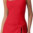 QINSEN Square Neck Swim Dress for Women Tummy Control One Piece Swimsuit Wrap Bathing Suit (Red, XL)