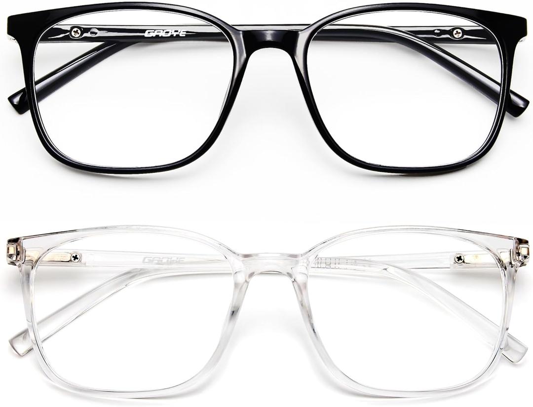 Gaoye Blue Light Blocking Glasses Women/Men, Computer Gaming Fake Eyeglasses Anti UV Ray-Spring Hinge (2 Pack, Light Black and Transparent)