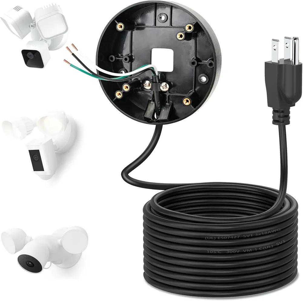 Power Cable and Plug-in Mount for Floodlight Cams Compatible with Floodlight Cam Wired Pro/Plus, Blink Wired Floodlight Camera, Electrical Box with 20ft Weatherproof Cable (2in1 Mount and Cord Set)