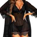 RSLOVE Women Sexy Lingerie Set 3 Piece Babydoll & Lace Kimono Robe Strap Chemise Sleepwear Mesh Nightgown (Black, XXXL)