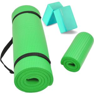 Fitvids All Purpose 1/2-Inch Extra Thick High Density Anti-Tear Exercise Yoga Mat and Knee Pad with Carrying Strap and Optional Yoga Blocks, Multiple (Green)
