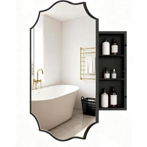 Black Scalloped Edge Vintage Medicine Cabinet Mirror, Decorative Bathroom Storage Cabinet with 2 Adjustable Shelves, Recessed or Surface Mount (Brushed Black, 20x26)