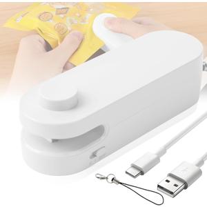 2 in 1 Bag Cutter and Sealer, Mini Bag Sealer with Cutter, USB Rechargeable Bag Sealer, Portable Bag Resealer for Plastic Bags Snacks & Food Storage (White)