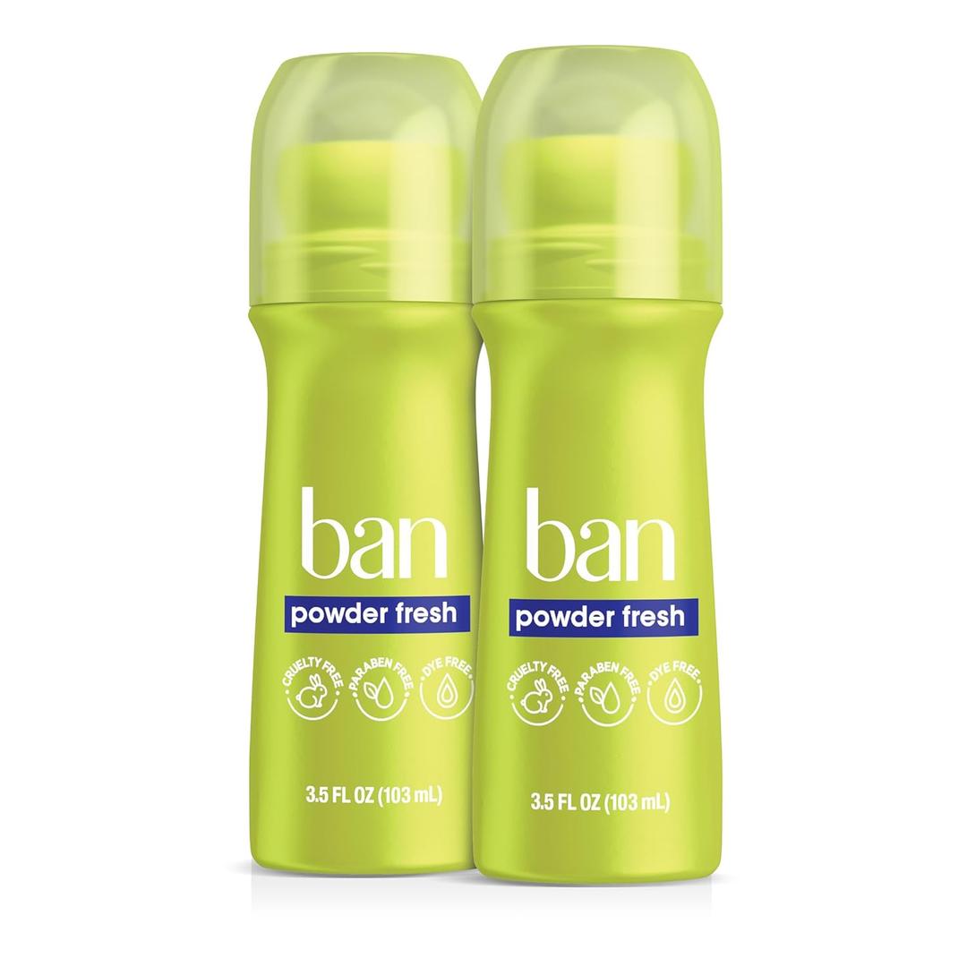 Ban Invisible Roll-on Antiperspirant Deodorant for Women and Men, 24-hour Underarm Odor & Sweat Protection, Powder Fresh, 3.5 Oz, Pack of 2