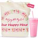 8 Pack Mahjong Gifts for Women, 4 Canvas Mahjong Tote Bags with Inner Zipper Pocket & 4 Plastic Pink Tumblers 24oz