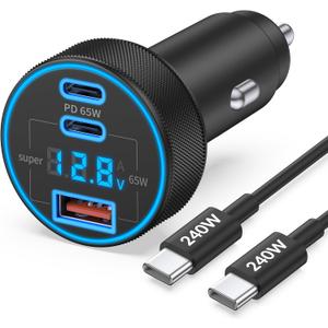 130W 3-Port USB C Super Fast Car Charger (with Voltage Display) for Samsung