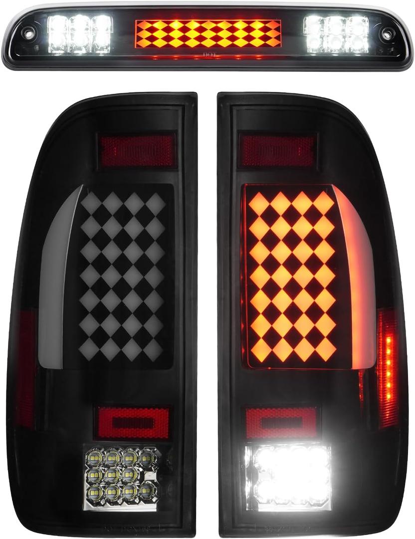 LED Tail Light + 3rd Brake Light Kit Fit for Ford F-250 F-350 F450 F550 Super Duty 1999-2007, Taillights and High Mount Stop Light, Smoke Lens 3Psc