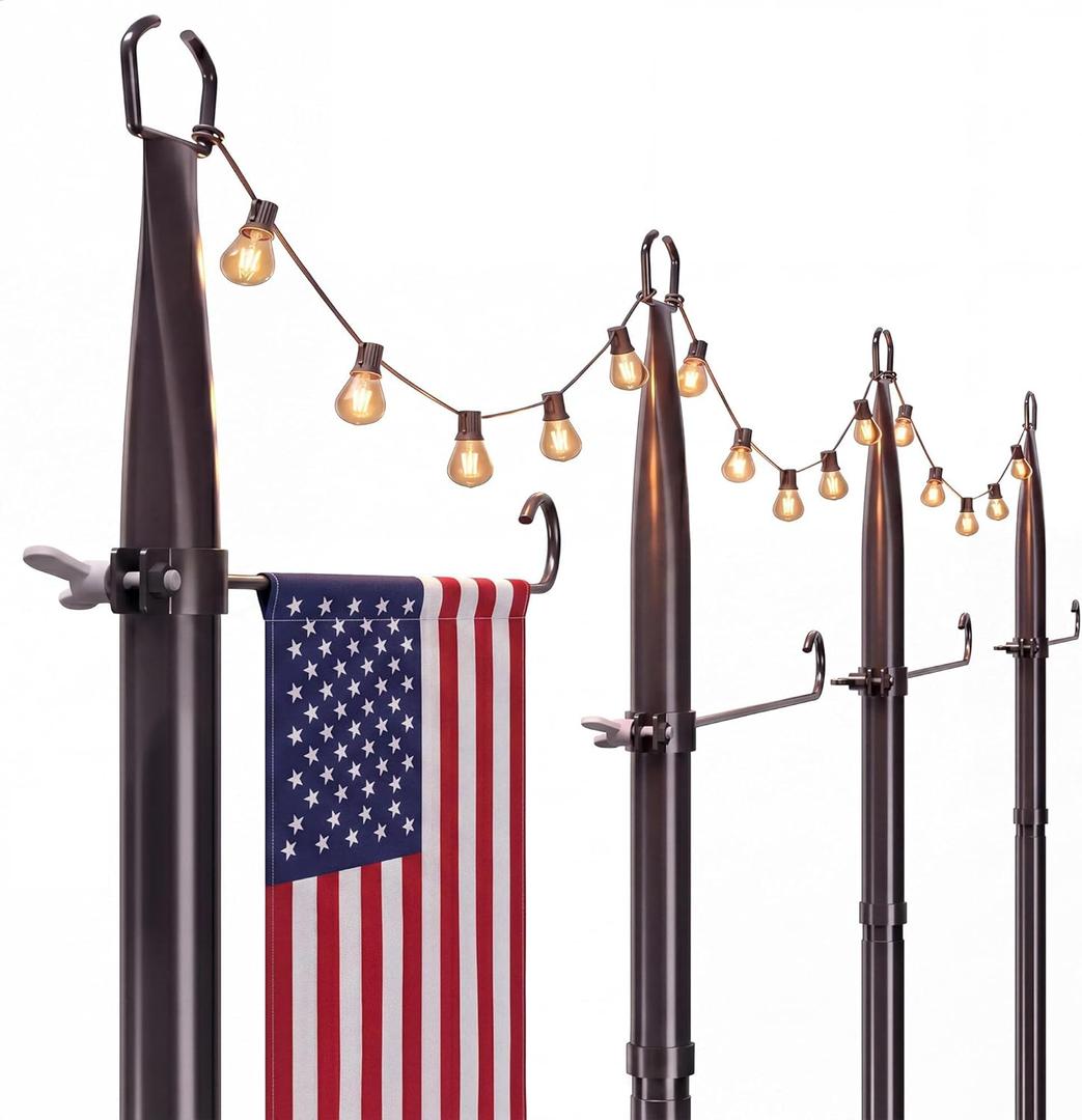 10Ft String Light Poles 4 Pack, Thickened Metal Outdoor Light Poles, 180-Day Rust Tested, with Fence Brackets, Heavy Duty No Wobble, Rustproof Stand for Patio, Backyard, Wedding Party Decor