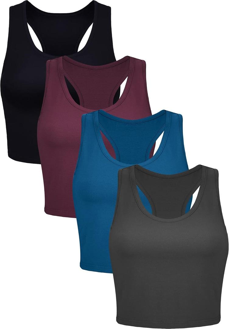 Geyoga 4 Pieces Basic Workout Crop Tank Tops Sleeveless Racerback Sport Tank Top for Women Yoga Running (Black)