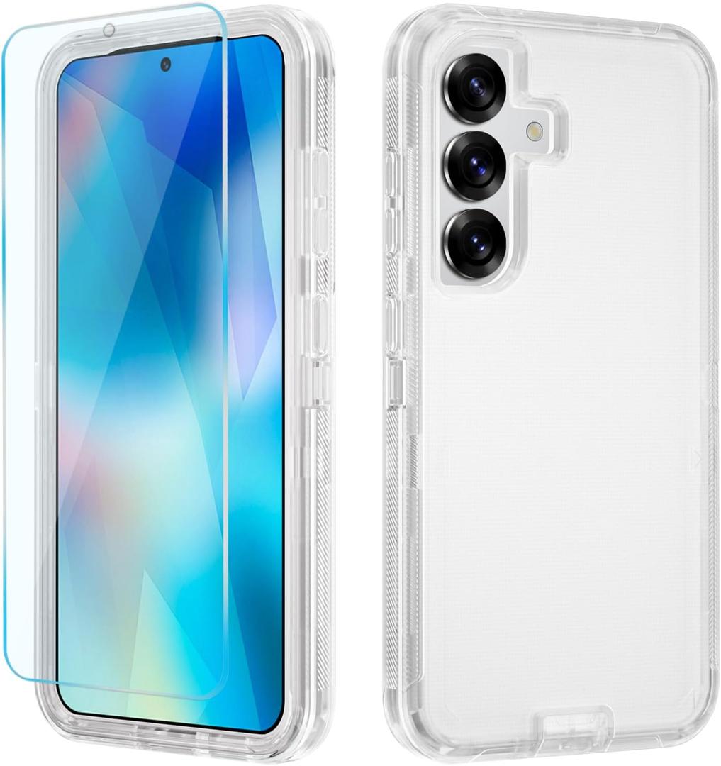 for Samsung Galaxy S25 Plus Case, with HD Tempered Glass Screen Protector, Heavy Duty Shockproof Drop Protective Rugged Tough Durable Phone Cover (Clear)