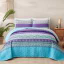 Xruibed Bohemian Quilt Set King,Purple Teal Boho Quilt Coverlet 3PCs Soft Microfiber Lightweight Bedspread with 2 Pillowcases for All Season (King Size 90"x104")