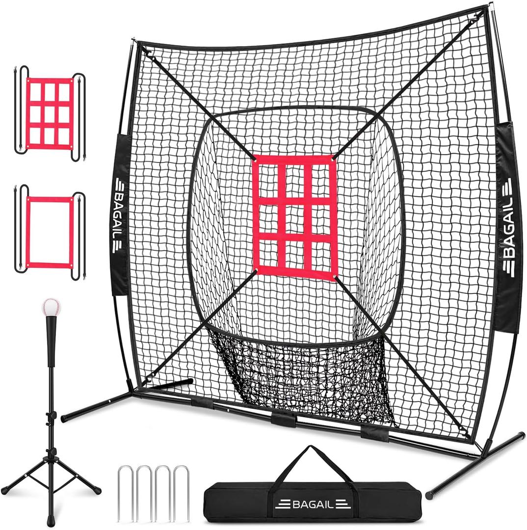 BAGAIL 7x7 ft Baseball & Softball Practice Net with Bow Frame for Batting, Hitting, Pitching, Portable Baseball Throwing Net with 2 Strike Zone Batting Tee, Carry Bag, Great for All Levels (Black)