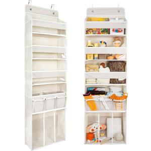 Door Hanging Storage Organizer,with 3 Bins 1 Movable Baby Diaper Caddy,1 Large capacity diaper stacking storage Organizer,10 Side Pockets ,Bedroom Door Storage for Nursery Baby Essentials. (Beige)