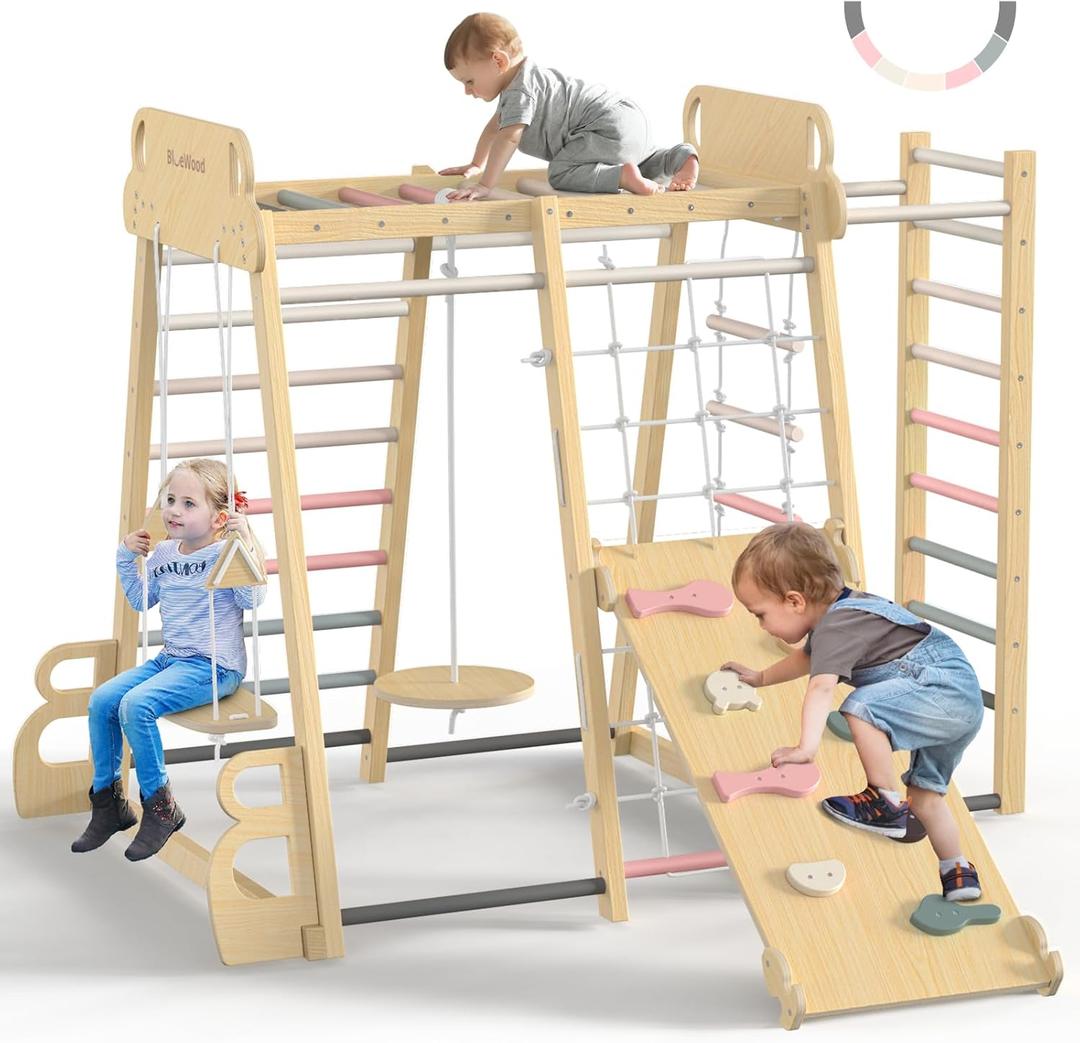 Upgraded Indoor Playground 9-in-1 Jungle Gym Kids Climbing Toys, Montessori Philosophy Waldorf Style Wooden Climber Playset with Slide, Swing, Monkey Bars, Upright/Rope Ladder, Climb Rocks/Net, Pink