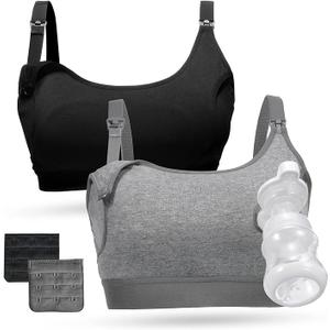 Momcozy Pumping Bra Hands Free, Pumping and Nursing Bra in One Holding Breast Pump for Spectra, Lansinoh, Medela, Black,grey-2pk, Medium