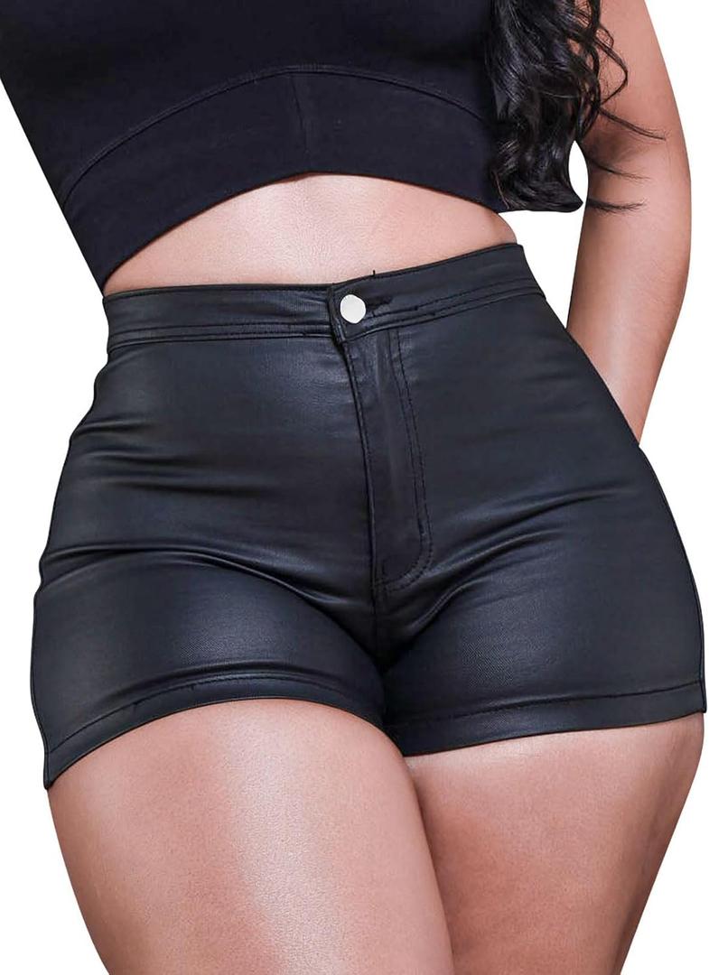 Zebaexf Black Leather Shorts High Waist Sexy Legging Shorts Womens Casual Faux Leather Shorts (Medium)