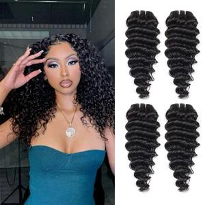 Deep Wave Human Hair bundles 14 Inch 12A Grade Brazilian Human Hair 100% Virgin Weave Bundles Human Hair for Black Women (14'' 14'' 14'' 14'') (14 Inch-deep, Natural Color)