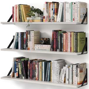Floating Book Shelves, Set of 3, 36 Inches Wall Bookshelf, Long Large Deep Floating Shelves, Rustic Brown Wood Hanging Wall Shelves for Kitchen, Bedroom (Rustic White, 36Inches)