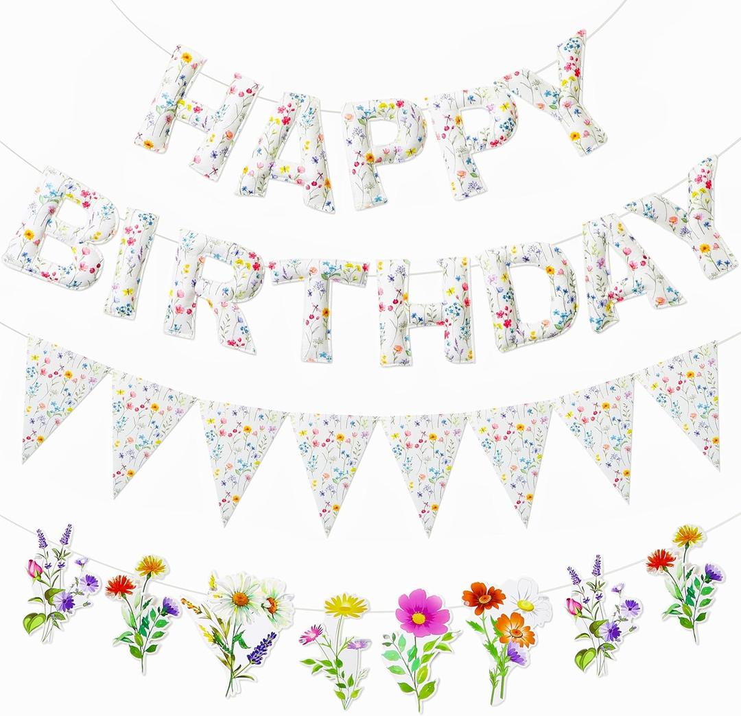 Tegeme 3 Pcs Flower Birthday Banner Felt Happy Birthday Banner Pre-strung 3D Wildflower Party Decorations Floral Party Decorations for Girls Women Garden Decor