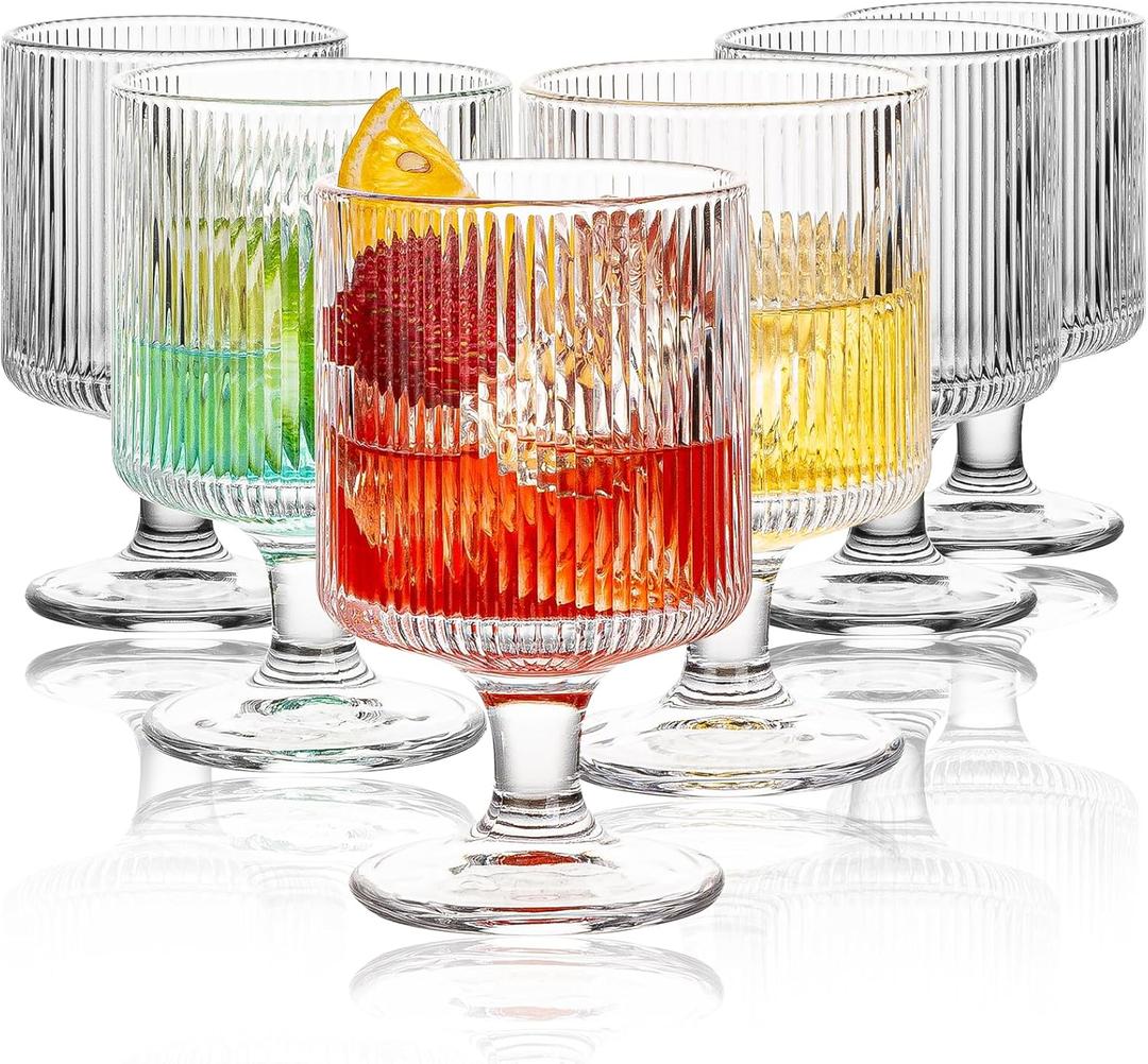 Vintage Wine Glasses Set of 6, 8 oz Origami Style Glass Water Goblets, Unique Embossed Pattern Stemmed Cocktail Glasses, Classic Goblet Party Glasses, Wine Glasses Goblets for Daily Use