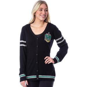 Harry Potter Womens' Slytherin House Crest Open Front Cardigan Juniors Knit Sweater, Medium, Slytherin