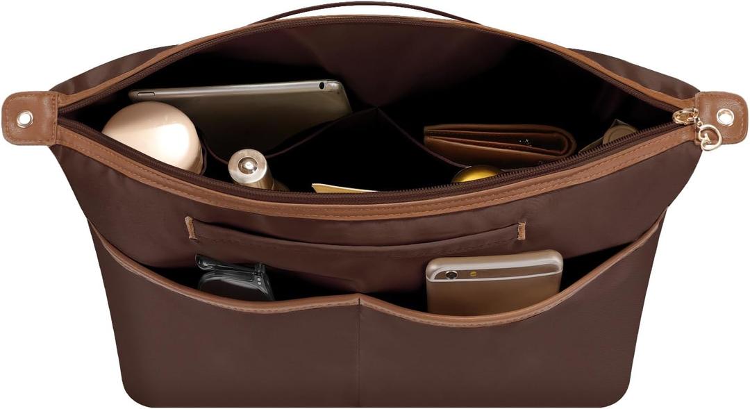 SDANG Purse Organizer Insert Fit for Saint Louis,Neverful and More BagLeather Edge Multiple Pockets Tote Bag Organizer with HandleLightweight Medium Purse Liner have Zipper (Brown,Large)
