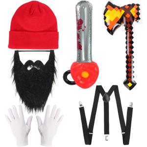 Kyson Halloween Lumberjack Costume Accessories Set-Lumberjack Plaid Beanie Suspender Gloves Prop Axes Whisker Dress Up Kit
