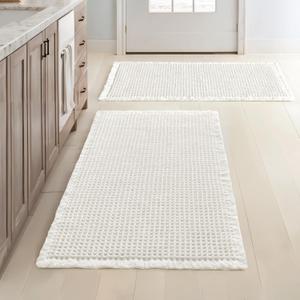 MIULEE Set of 2 Waffle Bathroom Rugs, Boho Bath Rugs Non Slip Washable, Super Absorbent Bath Mats, Ultra Soft Rubber Backed Shower Mats for Bathroom Floor, Tub and Shower, White, 18x30 Inch