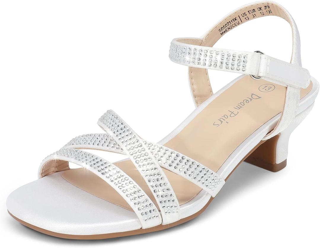 DREAM PAIRS Girls Sandals Low Heel Dress Open Toe Sandals Flower Wedding Party for Little Kid/ Big Kid, Size 2 Little Kid, White, SDSD2315K