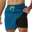 SILKWORLD Mens Swimming Trunks with Compression Liner 2 in 1 Quick-Dry Swim Shorts with Zipper Pockets (Medium, Blue)