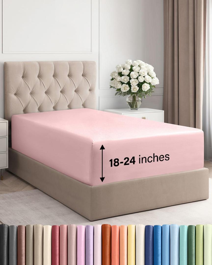 Extra Deep Twin XL Fitted Sheet - Hotel Luxury Single Fitted Sheet Only - Easily Fits 18 inch to 24 inch Mattress - Ultra Soft, Wrinkle Free with Extra Deep Pockets - Breathable & Comfy - Baby Pink