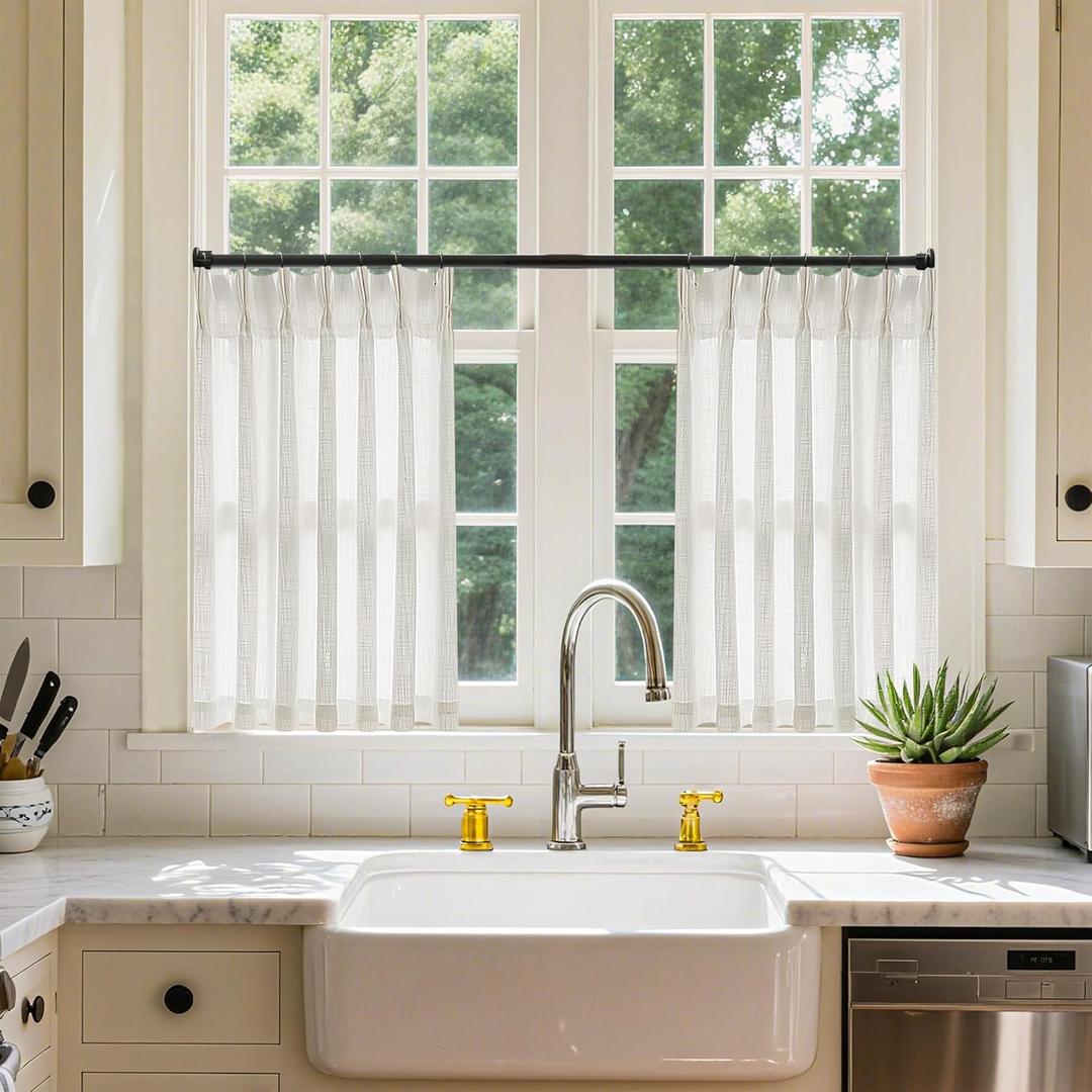 Cream Linen Cafe Curtains 24 Inch Length Pinch Pleated 2 Panels Set Farmhouse Short Kitchen Window Curtains Light Filtering Semi Sheer Pinch Pleat Back Tab Small Window Drapes for Bathroom Camper RV (Natural)