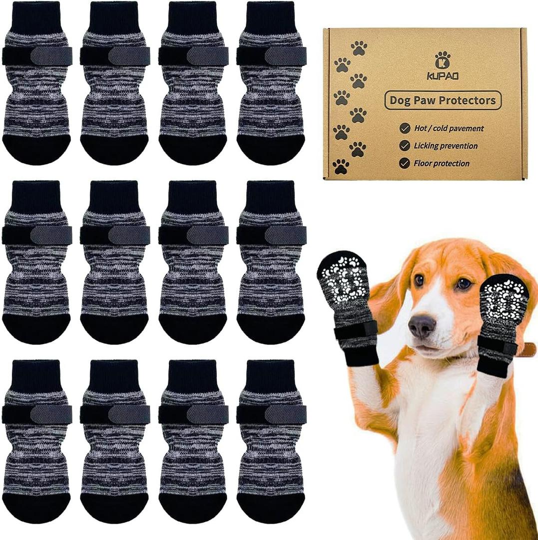 Dog Socks 12 Pack to Prevent Licking Paws, Anti Slip Dog Booties and Paw Protectors for Hardwood Floors Hot Pavement, Suitable for Small Medium Large Senior Dogs - Size Small (Black and Grey, S)