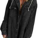 Dokotoo Womens 2025 Fall Corduroy Shacket Jacket Long Sleeve Button Down Color Block Hooded Coat with Pockets (Small, Black)