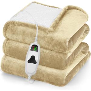 Greenoak Heated Blanket Electric Throw 50"X60", Heating Blanket with 10 Heat Levels 8 Hours Auto-Off, Fleece Soft Blanket, Birthday Gifts for Grandma Seniors, Beige