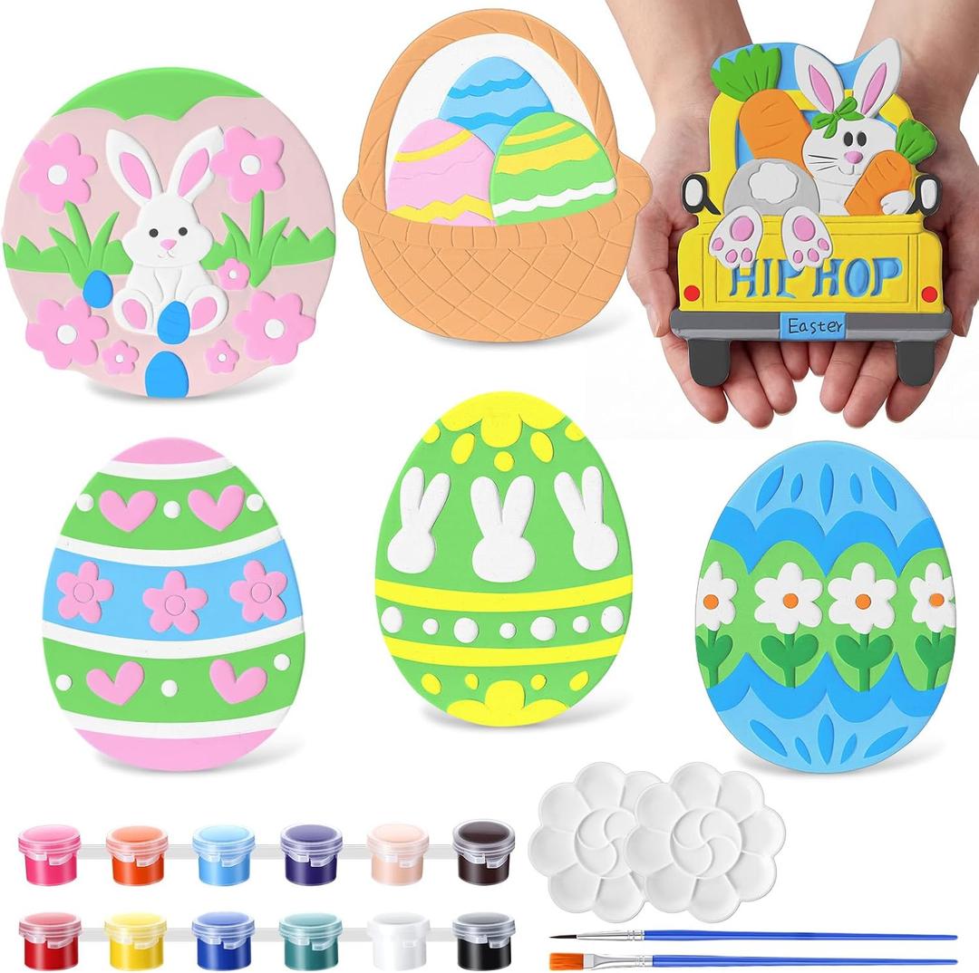 PullCrease 6 Pack Large Easter Paint Your Own Plaster Stones for Kids Arts and Crafts Handprint Stepping Painting Kit DIY Egg Ceramic Craft Pottery Outdoor Painting Gifts for Kids Ages 4-12
