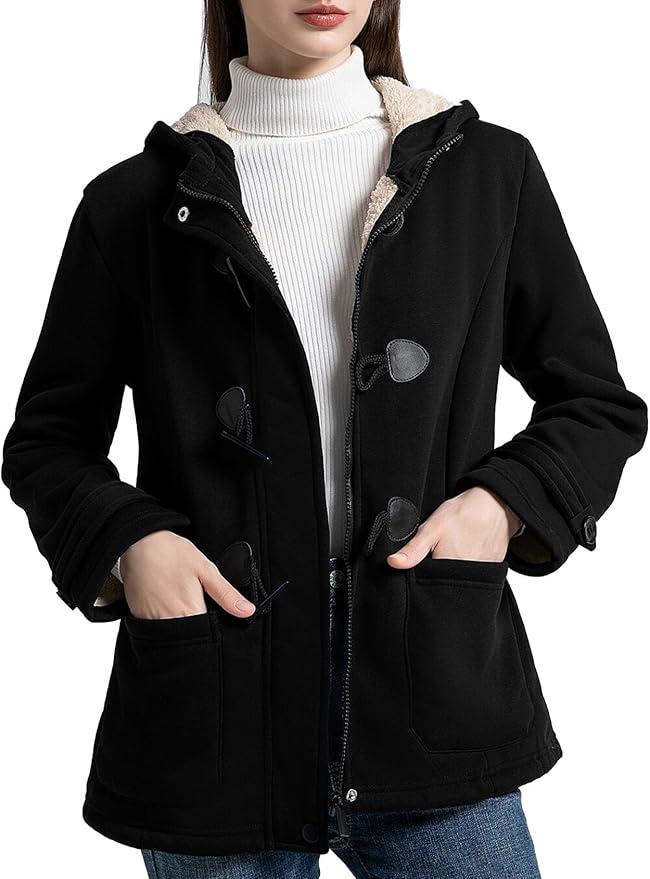 Flygo Sherpa Lined Winter Jackets for Women Fleece Hoodie Jacket Warm Fall Winter Toggle Duffle Coats 2XL