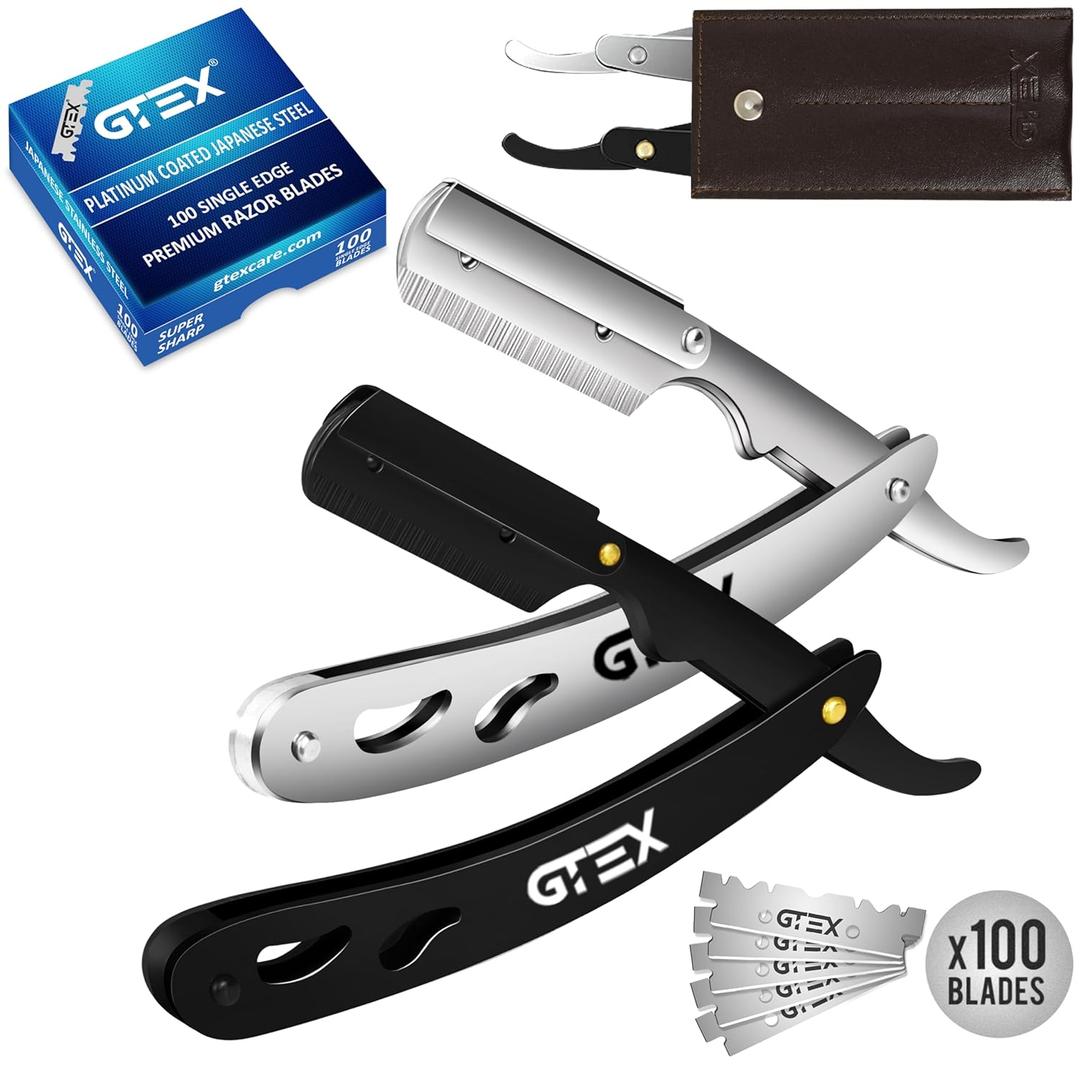 Gtex Straight Razors For Men 100 GTEX Barber Razor Blades - 2 Professional Single Blade Razors for Men Navajas Para Barbero Straight Edge Razor Barber Beard Razor Shavette Shaving Razor Kit (Silver and Black)